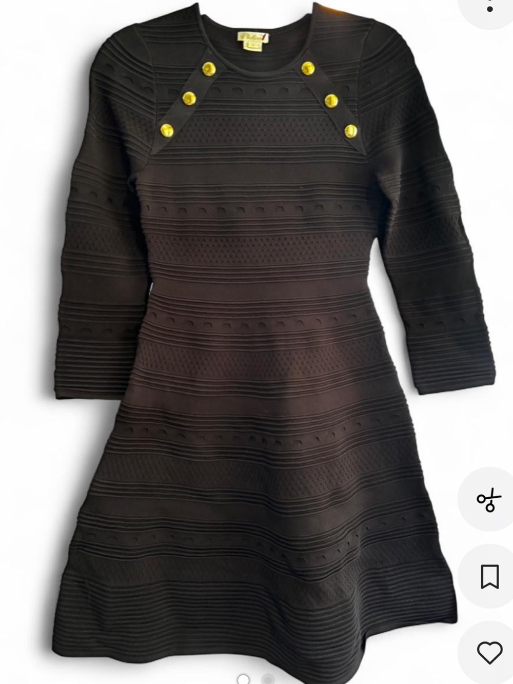 Shoshanna Black Textured Fit-and-Flare Dress with Gold Buttons